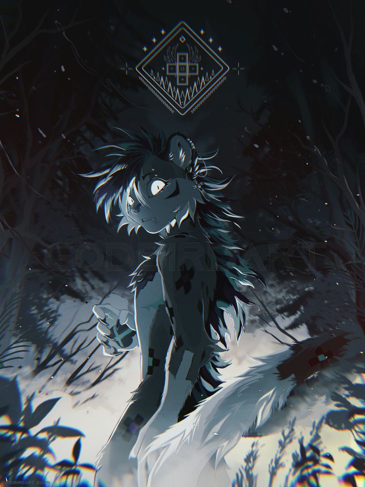 image is a digitally illustrated portrait of an anxious anthropomorphic saber-toothed snow leopard wading through a bed of fog. the mist slithers between the shadowed pines, the midnight sky difficult to discern through the canopy above. #furry #furryart #anthro