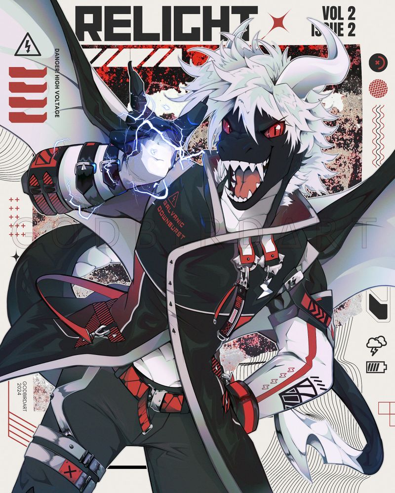 artwork features RelightCharge's character Relight. Relight is a black dragon with white curved horns and messy white hair. The inner webbing of his wings is also white as well as the plates running down the front of his neck, belly and under his tail. His tail ends with a sickle-like claw. Here he is drawn in a techwear-style outfit: black and white with red accents. He has one hand raised close to his face, showing off a spark of blue electricity around it. "Galvanic Downburst" is written across one side of his jacket's breast. The background text includes Relight's name, as well as "Danger! High Voltage" and "Vol 2, Issue 2". signature reads godbirdart 2024. #furry #anthro #furryart #dragons