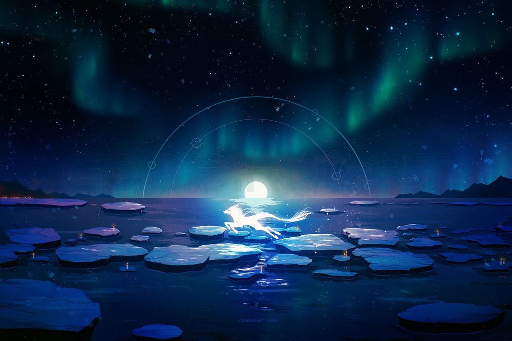 image is a digital illustration of a kirin-like creature racing across a bridge made up of ice floes adrift under a starry night sky. aurora dance across the speckled canvas. the kirin runs towards the left of the canvas, where distant lights are seen along the shoreline. the opposite shore is dark and void of light. #furryart #furry #anthro