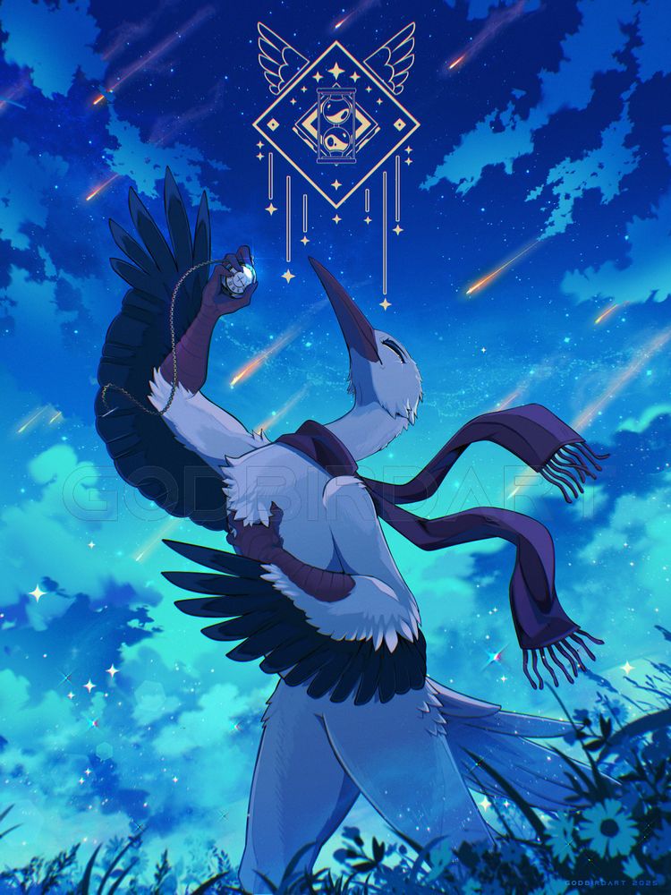 image is a digitally illustrated portrait of an anthropomorphic stork raising a silver pocket watch up into the marine night sky. golden shooting stars streak through the clouds above as the stork's dark scarf billows in the breeze. #furryart #furry #anthro