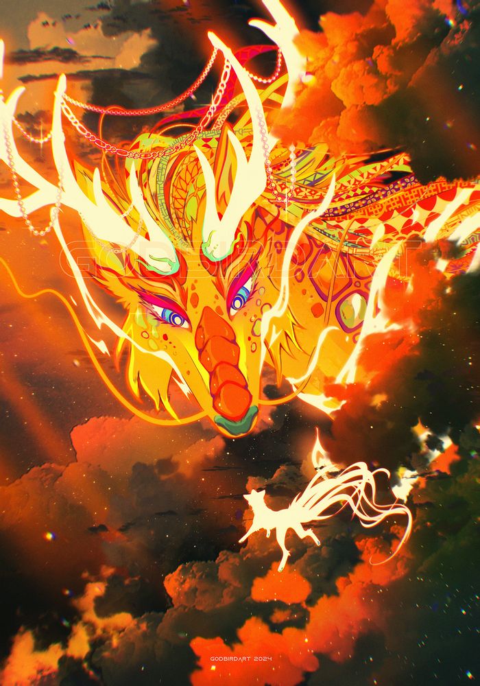image is a digital illustration of a mythical antlered beast's head emerging from a golden cloud bank. Its mane is a vibrant array of patterns and hues. Two thick whiskers gently flow outward from the end of its snout. Chains dangle between illuminated branching tines as the radiant creature peers down to the much smaller silhouette of an ivory canine floating below. White-hot flames dance around the beast's scaled maw and neck. #furryart #art