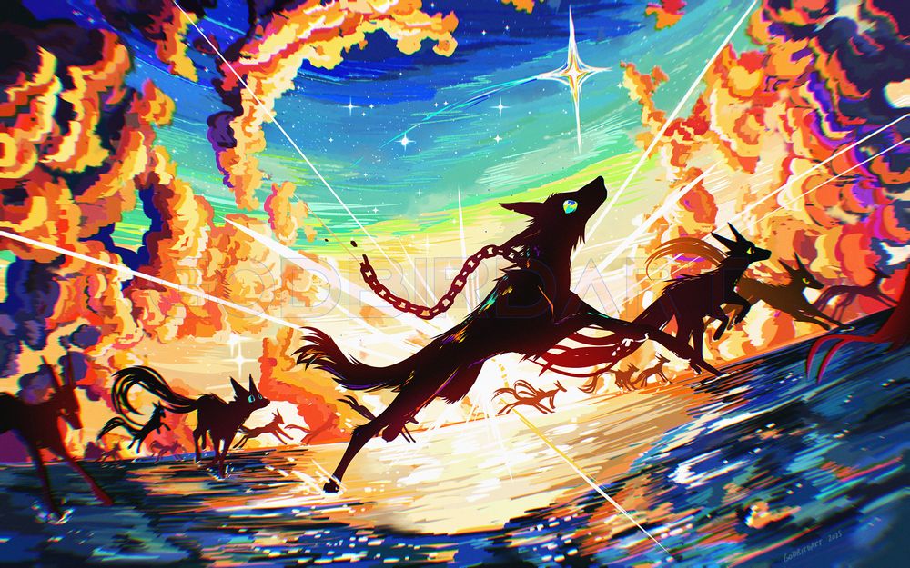 image is a digital illustration of a pack of lean canine silhouettes racing across a watery reflective surface. the sun radiates behind them, low on the prismatic horizon. warm clouds halo the starry sky. the canine in the center of the canvas looks hopefully upward to a shooting star as a broken chain trails off its throat. #furry #furryart