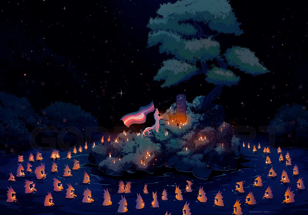 image is a digital illustration of a large procession of pale canine silhouettes encircling a small single-treed island with a memorial marker. the canines are standing on their hind legs, each canine is holding a lit handle in their front paws. the majority of them are partially submerged in the still lake surrounding the island. standing on the island before the memorial is a lone canine, sombrely carrying both a candle and a transgender flag. behind the island and the waters is a vast, dark sky littered with glistening stars. #tdor #furryart #transgenderdayofremembrance