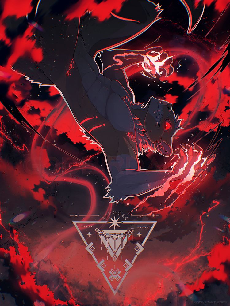 image is a digitally illustrated portrait of an anthropomorphic otter descending headfirst from a roaring cloud bank of black and red. a wicked smile cracks across their face as streaks of illuminated mana dance in their clawed palms. #furryart #furry #anthro