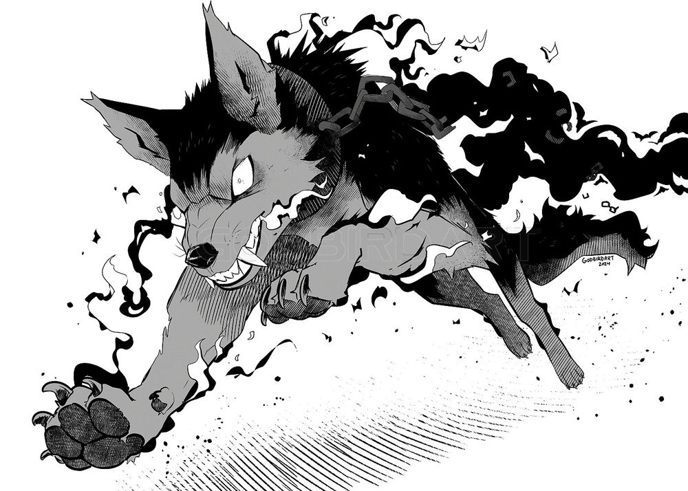 image is a sketch of a canine coloured in grey. it is charging forward toward the left of the canvas, flames and smoke billowing off its fur. a collar with a broken chain flails around its neck. #art