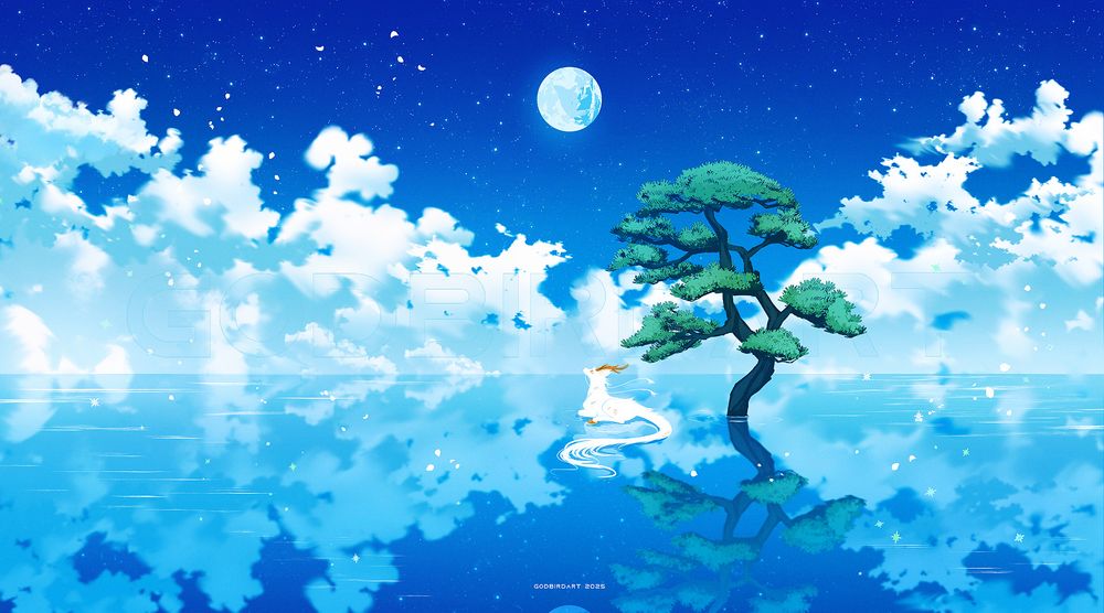 image is a digitally illustrated artwork of an ethereal pale kirin resting beneath a tree upon a reflective water surface. fluffy, soft clouds roll along the horizon's edge as the full moon lingers overhead with the stars. #furryart #furry #anthro