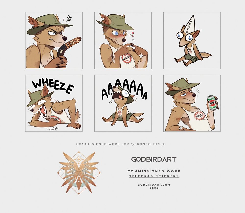 image is a compilation of six digitally drawn portraits of an anthropomorphic dingo character. each portrait ranges in expression and pose, including angry, blushing, wearing a dunce cap, wheezing with laughter, screaming "aaa" and drunk. #furryart #telegramstickers #furry 