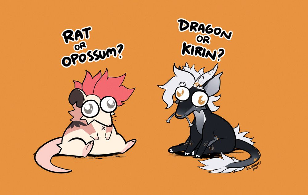 image is a simplistic drawing of two anthropomorphic characters sitting next to one another. both have googly-eyed expressions. the left character is a small whiskered mammal with a hairless pink tail, hands, and feet. the right is a dark fantastical creature with a single thick whisker protruding from either side of its muzzle. it has pale, branching horns that match the hue of its mane as well as the tips of its toed appendages. #furryart #furry #anthro