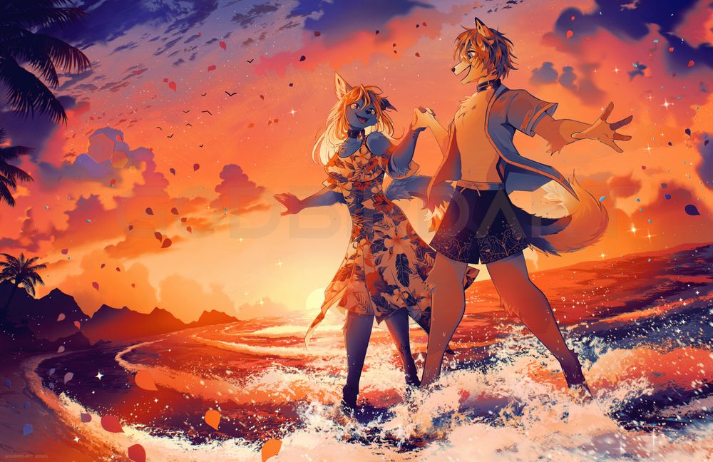 image is a digital illustration of two anthropomorphic characters joyfully dancing among the gentle waves of a sunset beach. #furryart #furry #anthro