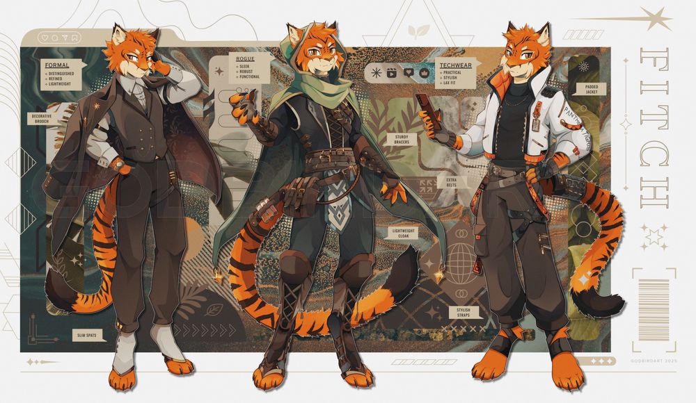 image is a digitally illustrated character sheet including three full-body portraits of an anthropomorphic siberian tiger. each portrait has the character dressed in different styled attire. to the left is a formal outfit in a vest and trousers with a coat draped over the shoulders. it has been labelled as "distinguished, refined and lightweight". the decorative brooch and slim spats have also been highlighted. the middle outfit is a fantasy rouge style outfit, with a light green cloak and dark earthy bracers and belts. this outfit is labelled "sleek, robust and functional". the study bracers and lightweight cloak have been highlighted. to the right is a modern outfit, labelled "practical, stylish and lax fit". the padded jacket, extra belts and stylish straps have been highlighted. #furryart #furry #furryfashion #anthro