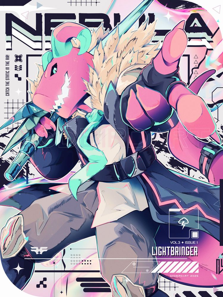 image is a digital illustration of the client's anthropomorphic character pointing towards the viewer with a confident look. they are wearing a heavy techwear-style coat over a pale shirt and grey slacks. over their shoulder is draped an immense gunblade weapon. the text around the canvas reads: "Nebula", "Catch the Static in the Air", "Lightbringer", "Vol 3 Issue 1". #furryart #furry