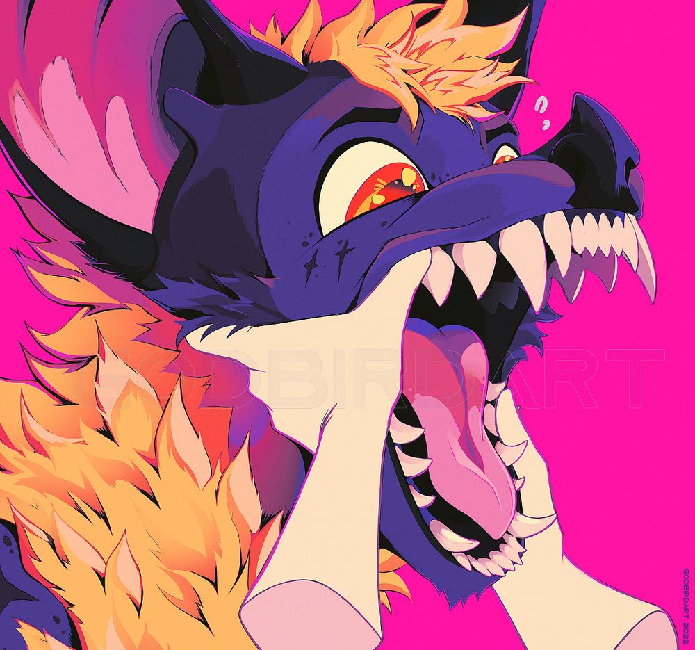 image is a digitally illustrated portrait of an anthropomorphic bat whose maw has been opened wide by a set of hands. #furryart #furry #anthro #eyestrain