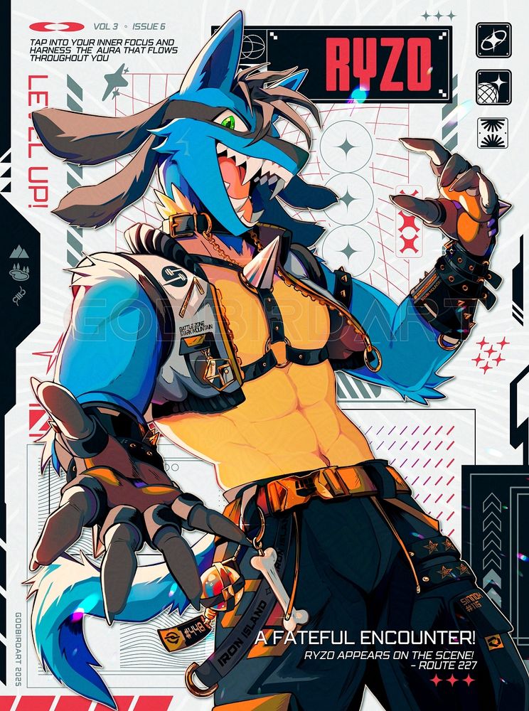 image is a digital illustration of a Lucario character striking an energetic stance at the viewer. They are wearing a silver crop top jacket emblazoned with the text "Battle Zone: Stark Mountain" above the lower pocket. Beneath the jacket are a chest harness and collar with gold hardware. The buckle of their pants features the icon for the Fighting Pokemon type. A Lucarionite orb swings from a keychain off their belt loop, as well as a bone. A strap dangling alongside these keychains reads "Iron Island" repeatedly. A smaller fob keychain reads "#448". Flavor text accents the canvas, reading: "tap into your inner focus and harness the aura that flows throughout you", "A fateful encounter! Ryzo appears on the scene! Route 227", and "level up!"