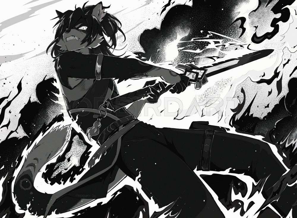 image is a black and white sketch of an anthropomorphic character wielding a decorated sword. a tassel dangles from the end of the sword's hilt. plumes of illuminated smoke billow behind the character as flames twist and jump around them. #furryart #art
