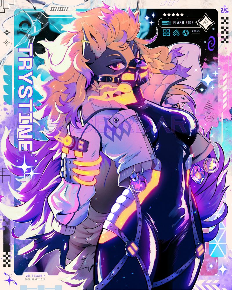 image is a digital drawing of an anthropomorphic arcanine wearing a light crop top hoodie over a black latex bodysuit. the crop top has an array of gold lights and tubing on the sleeves. the character is also wearing a mask that covers her muzzle, it is dark with gold glowing fangs and gas filters along the sides. the bodysuit has light padding along the sides, outlined by a strip of glowing gold. from the bottom of the crop top's hem hang two paintbomb spheres and a fire stone. the text to the upper right reads "Flash Fire, #0059". #furryart #pokemon