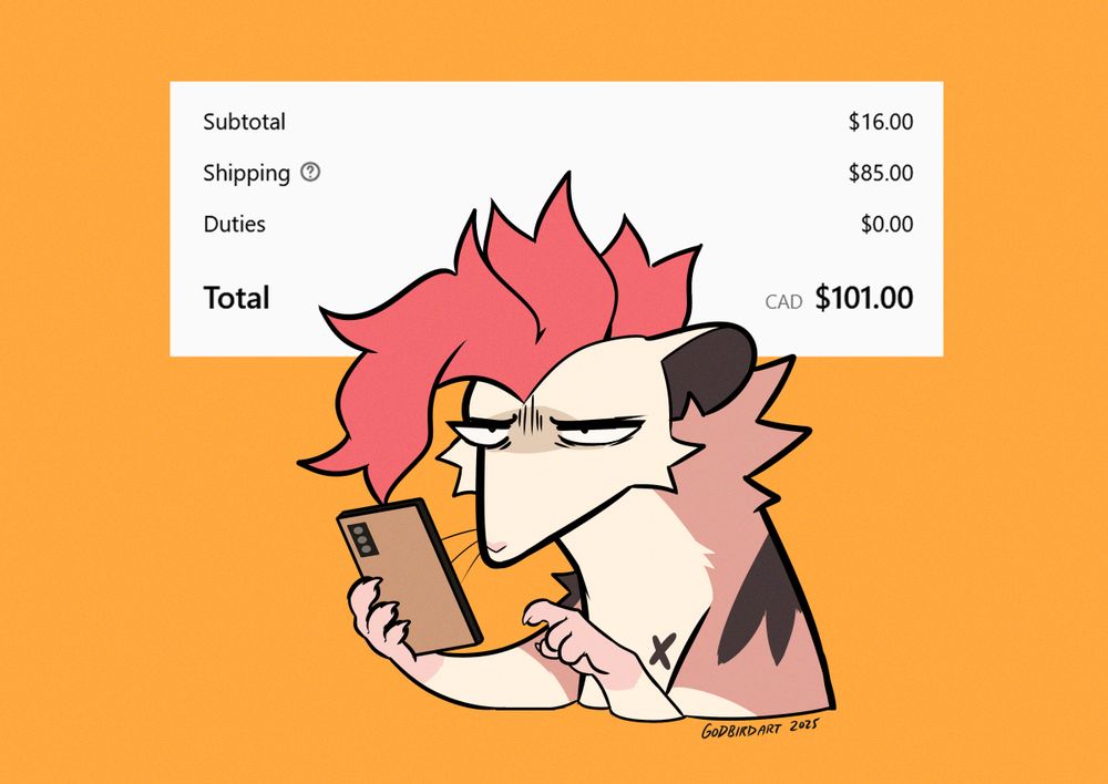 image is a digitally illustrated cartoon of an anthropomorphic rodent holding a cell phone in their hand with an exhausted expression. behind their head is a screenshot of a web shop checkout screen, reading a total of sixteen dollars for the item, eighty-five for the shipping, totaling a hundred and one dollars for the purchase. #furryart #furry #anthro