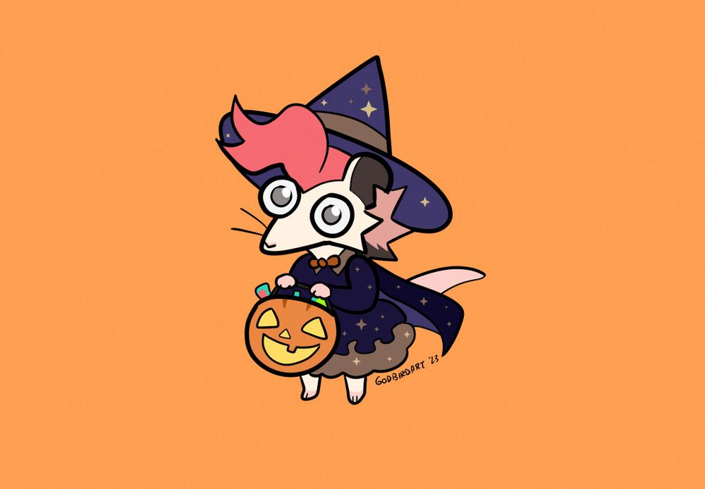 image is a drawing of a small anthropomorphic rodent dressed in a purple witch hat and robe. they are holding a jack o lantern with candy in it. #furryart #furry #halloween
