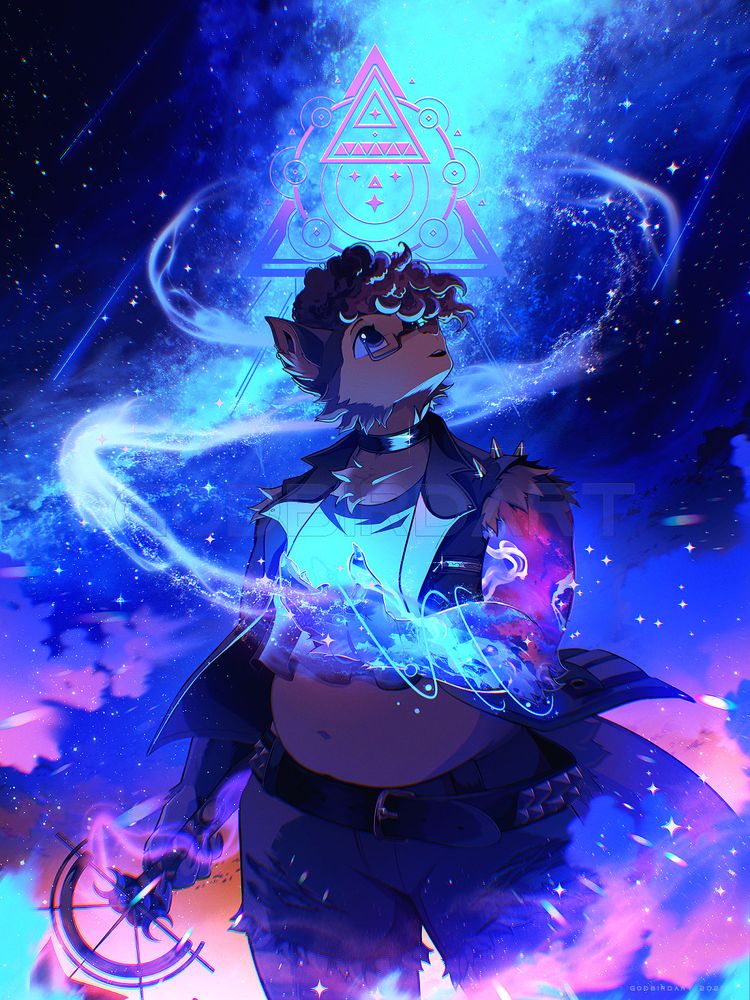image is a digital illustration of an anthropomorphic opossum wondrously gazing up towards a starry sky illuminated with a galactic trail. their arm, tattooed with cosmic patterns, glows as smoke and stars appear to swirl from its surface and pirouette up into the night air. #furryart #furry #anthro