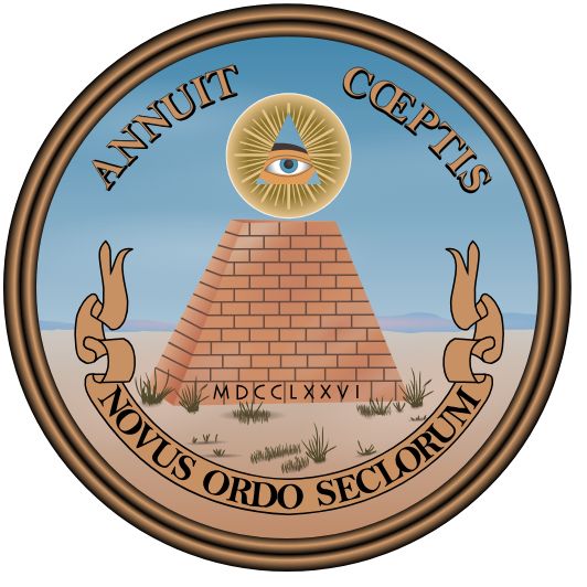 ANNUIT COEPTIS
radiant Eye of Providence completing a pyramid
MDCCLXXVI
NOVUS ORDO SECLORUM