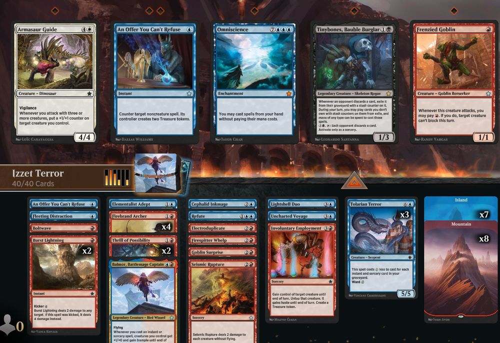 Decklist for Magic The Gathering featuring Blue and Red cards, context is a 7-2 win in Premier Draft for Magic Foundations on Magic Arena