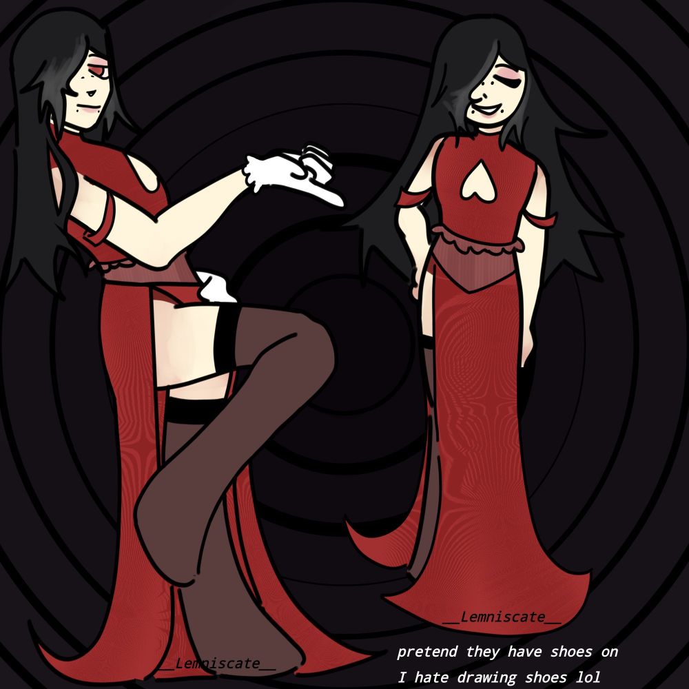 Two poses of the same person, on the left the person is standing with a leg bent up (like you would see those bullies or cool kids do in those movies where they lean up against a wall) with his arm slightly out. The pose on the left is of them standing with their hand on their hip and other arm by their side.

The person has long dark hair, his bangs (which are grey) cover his left eye. They have a nose bridge piercing and snake bites, his eye is red and he has pink/red eyeshadow on. They are wearing a sleeveless red dress that has a slit on the side that allows the viewer to see their leg. On his chest area is a cut out of an upside down heart. Around their waist is a darker pink colored corset piece with frills at the top. And he is wearing stockings (?), no shoes.

On the bottom right there is text that reads:
'pretend they have shoes on
I hate drawing shoes lol'