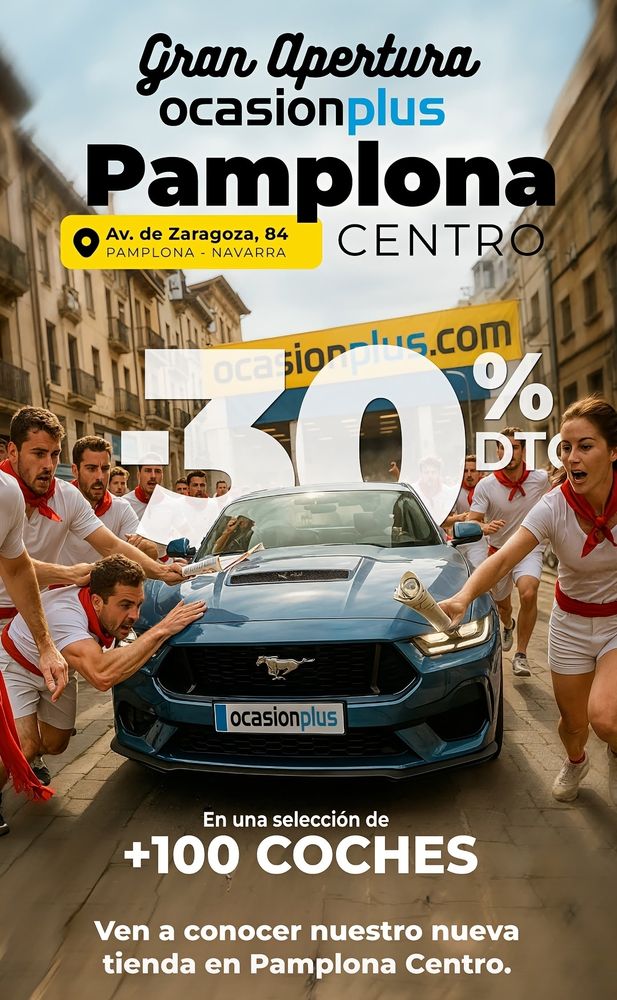 Anuncio de empresa de compra de coches salido de una pesadilla generada por IA. Se ve a gente deforme corriendo delante de un coche en una especie de encierro de San Fermín.