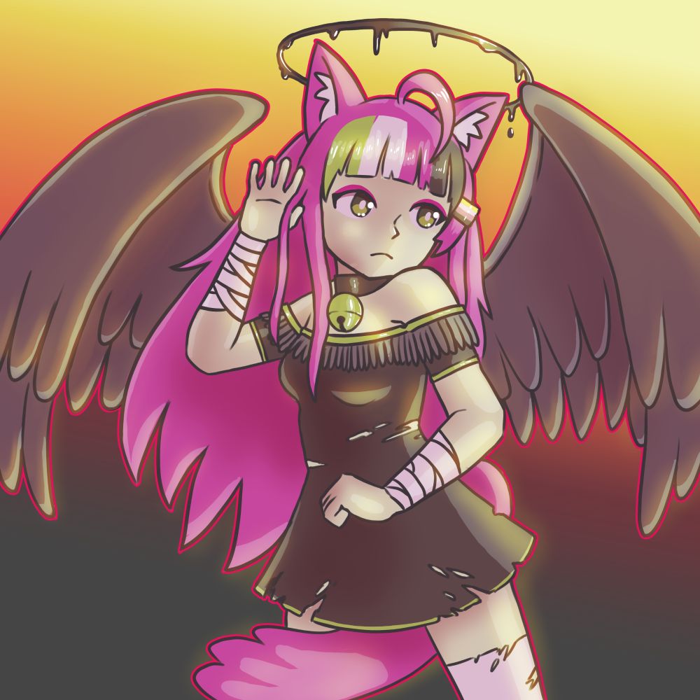 DigitalBasic with a dark, dripping halo, dark feathery wings and a short, dark dress