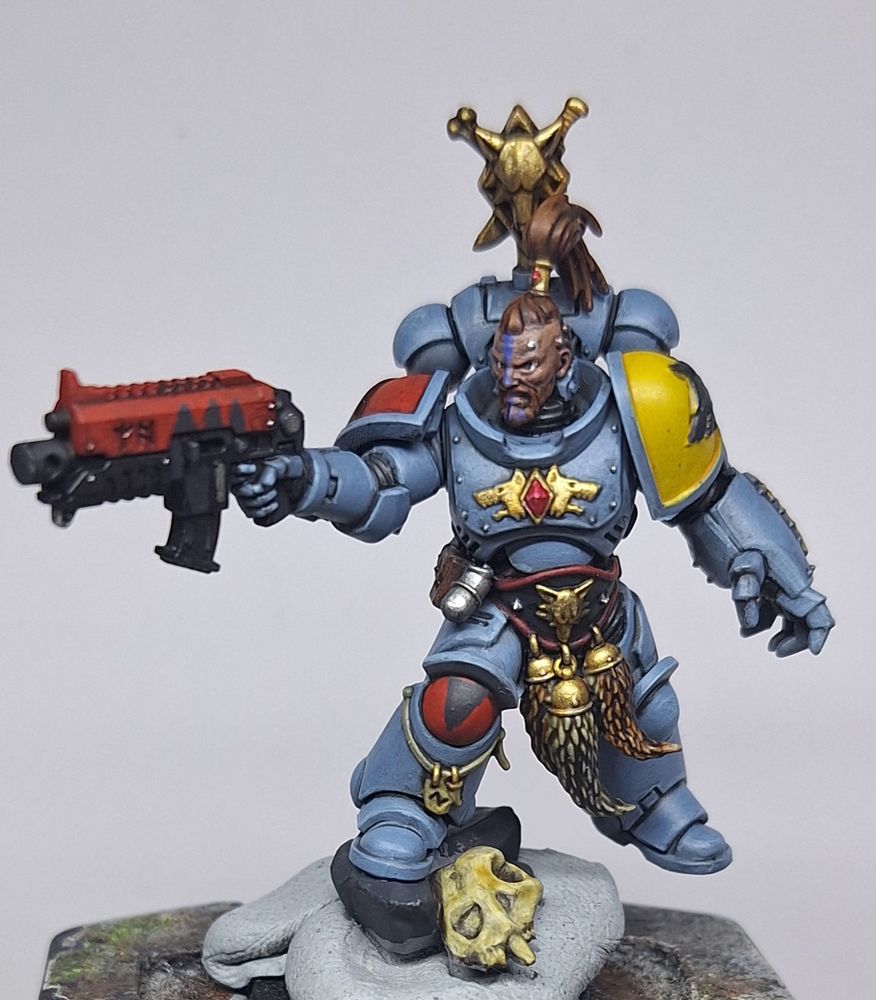 A Spacewolves Grey Hunter pack leader with a bolter front profile pic