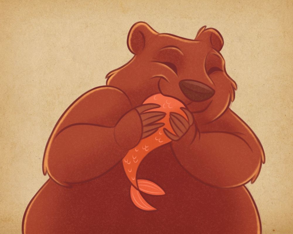 Drawing of a cartoon bear eating a fish
