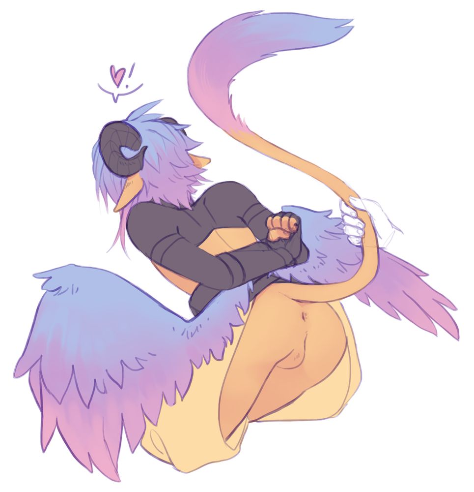 a drawing of a demon bent forward, with his tail being pulled up, showing off his lack of underwear. he's enjoying it.