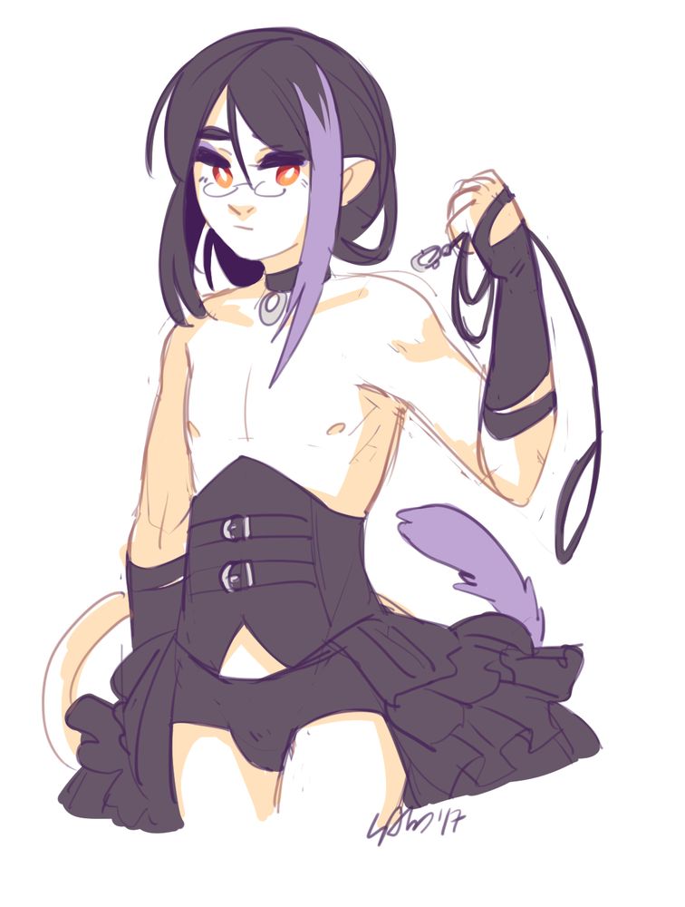 a sketch of a vampire character naked save for underwear and a frilly underbust corset. he's wearing a collar and holding a leash