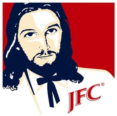 a riff on the KFC logo with a similarly-dressed man depicted as Jesus usually is with longer hair and a beard, and the logo instead reads JFC