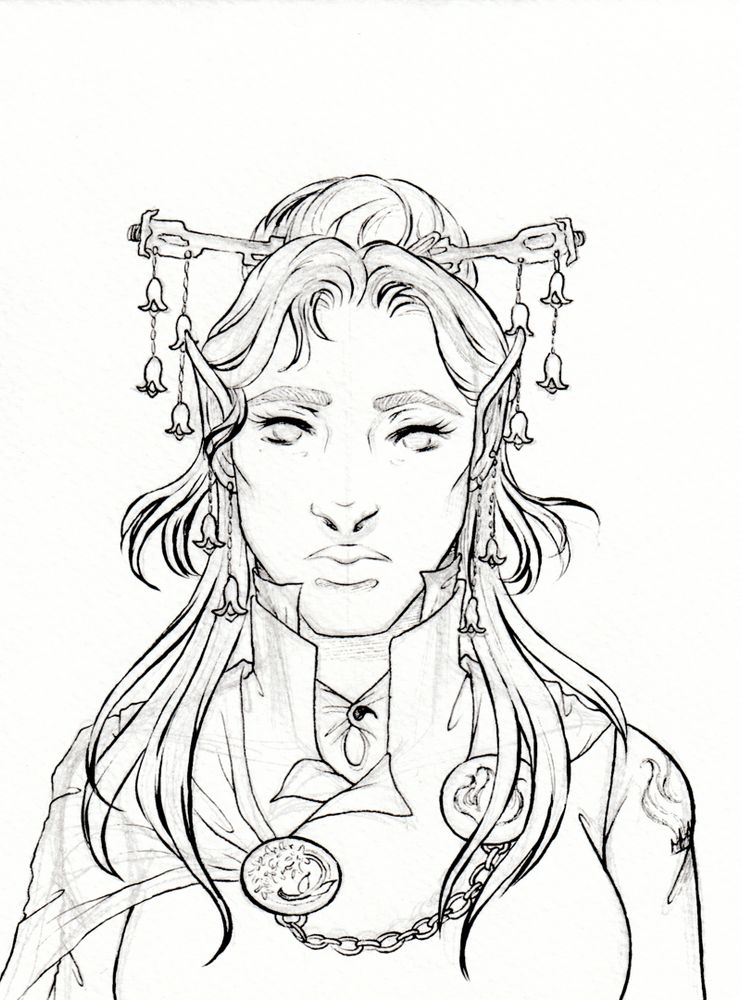Lineart drawing of a woman with pointy ears and long hair collected into a large bun with hairpins. She has high cheekbones and a serious expression.