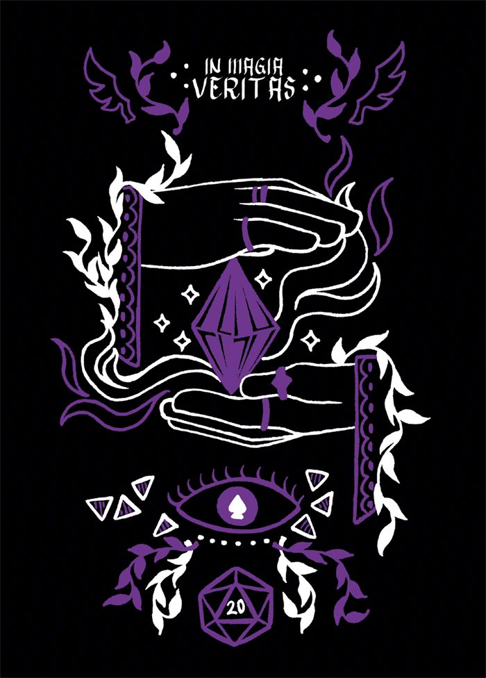 Purple and white illustration of two hands cupped around a sparkling crystal, with leaf, vine and flames motifs all around against a black background. Below the hands is a single open eye above a D20 die. The text reads "in magia veritas".