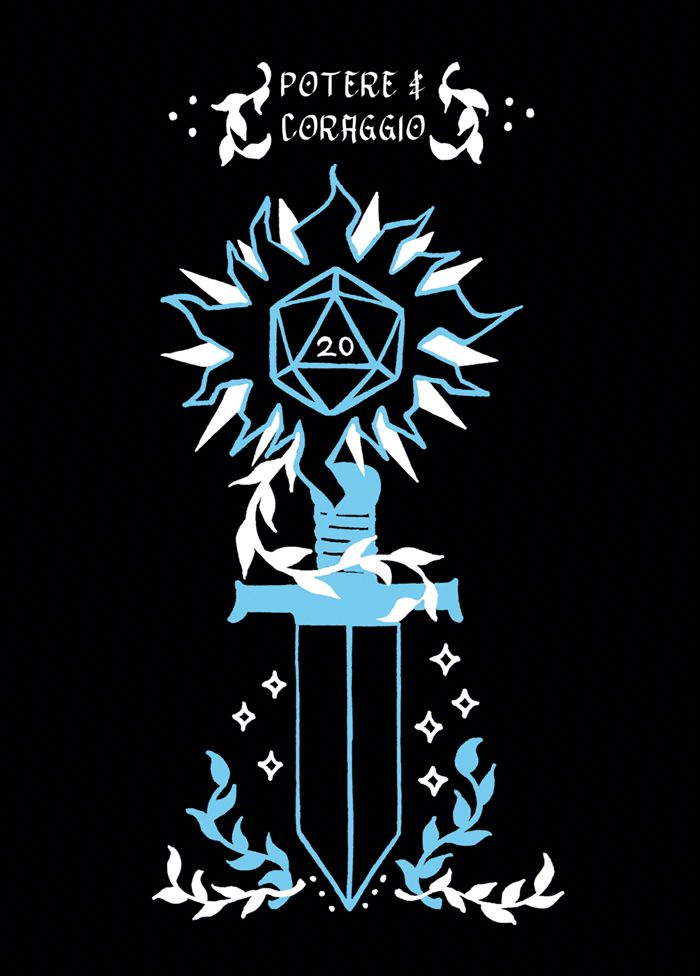 Blue and white illustration of a sword surrounded by vines and sparkles against a black background. There is a D20 die above the sword with a stylised sunburst around it. The text reads "potere & coraggio".
