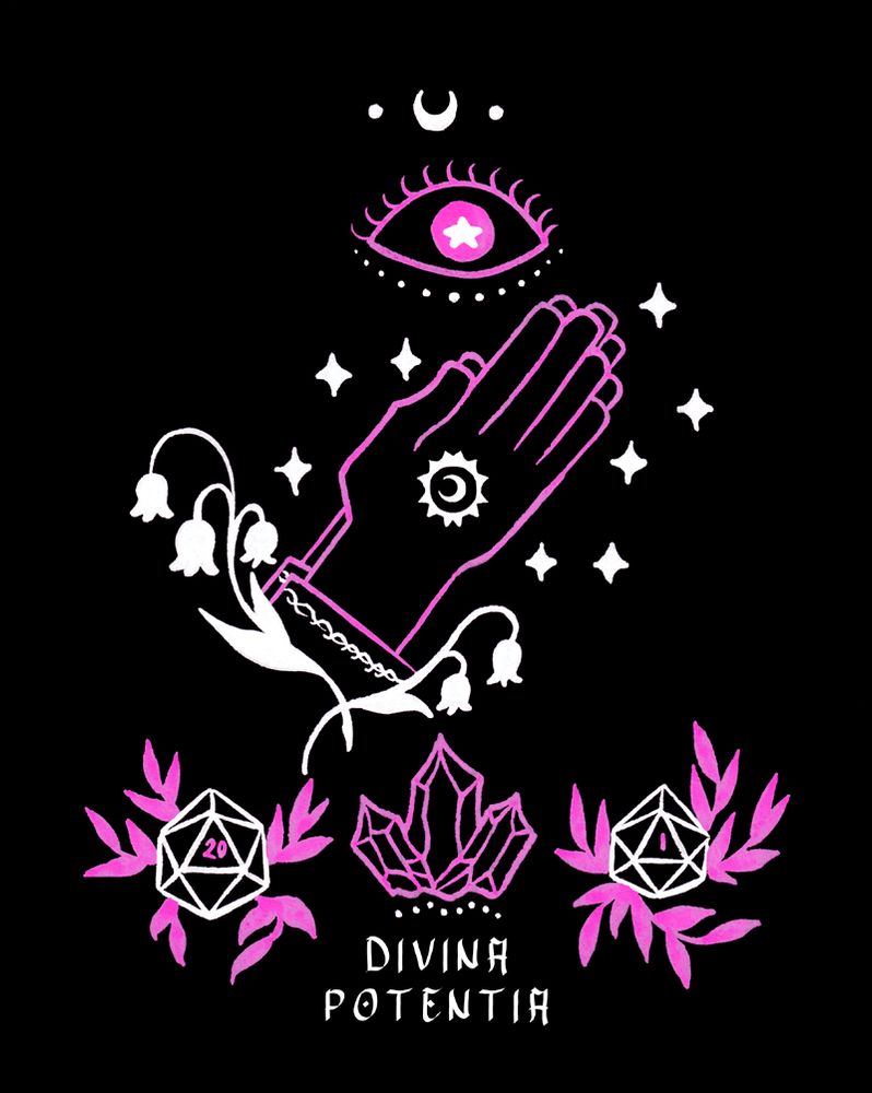 A simplified pink and white line illustration on black paper depicting an eye with a star for its pupil and hands clasped presumably in prayer, surrounded by lilies-of-the-valley and sparkles. Crystals and dice surrounded by foliage are depicted below with the words "divina potentia".