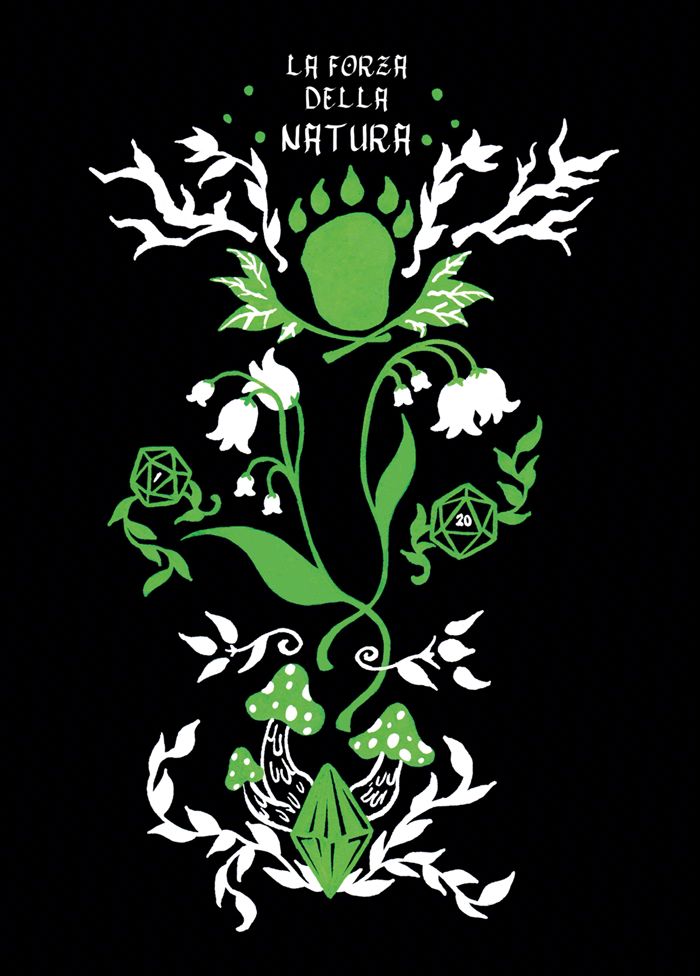 Green and white illustration of branches, leafy vines, mushrooms and lilies of the valley against a black background. The text reads "la forza della natura".