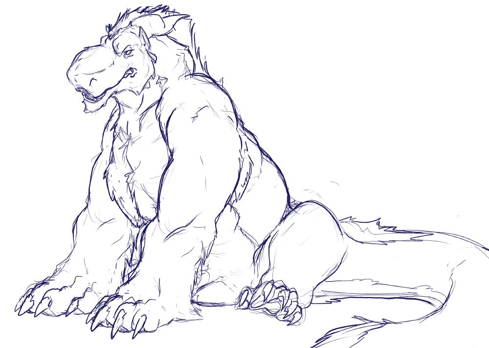 Kabel, a large furred dragon, sitting down funny like how a dog may sit