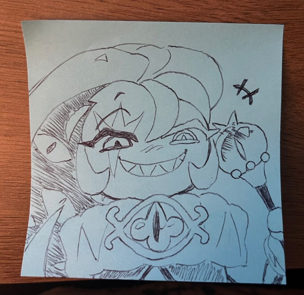 A blue sticky note with a bust of Shadow Milk Cookie from Cookie Run Kingdom drawn on it. He’s grinning mischievously.