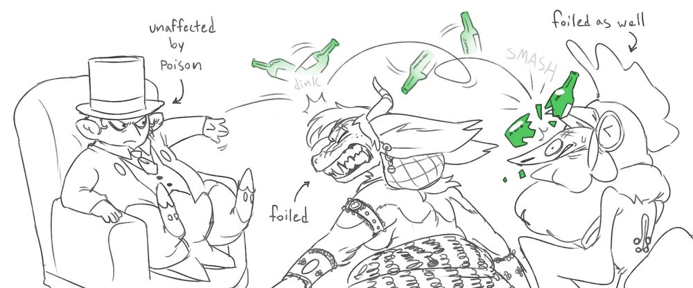 In a redraw of Shinji throwing the beer bottle, Baxter-- after being fed poisoned booze by Sylvia and Chanticleer-- throws the bottle at them. It bounces off of Sylvia's head, and then shatters on Chanticleer's.

Baxter is noted as "unaffected by poison." Sylvia is noted as having been "foiled." Chanticleer is noted as being "foiled as well."