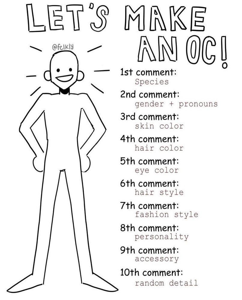 "Let's make an OC!" template
1st comment decides the species
2nd comment decides gender and pronouns 
3rd comment decides skin color
4th comment decides hair color 
5th comment decides eye color
6th comment decides hair style
7th comment decides fashion style
8th comment decides personality 
9th comment decides an accessory 
10th comment decides a random detail on the character 