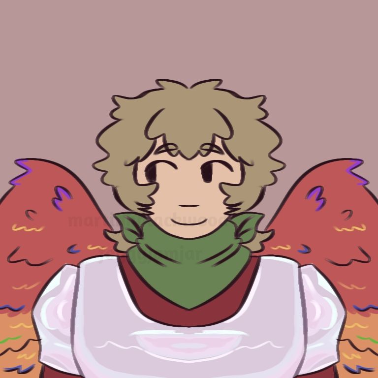 a symmetrical drawing of Grians's minecraft avatar with enchanted iron armor on and parrot wings on his back. He's wearing a green bandana and a red sweater, and his blond hair is styled as a mullet.