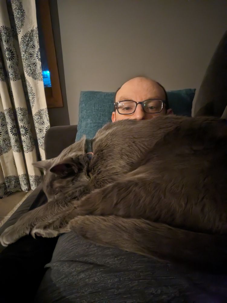A bald man with glasses is laying on a dark couch. Only his nose and up is visible, all else is obscured by a giant gray cat asleep on his chest