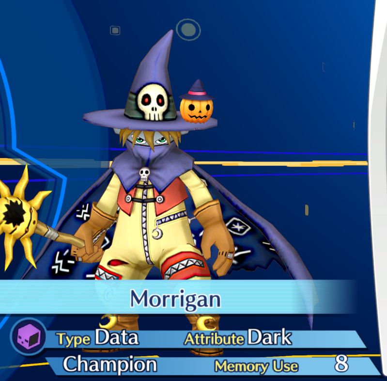 Morrigan the Wizardmon with a little witch pumpkin on her hat in Digimon Story Cyber Sleuth