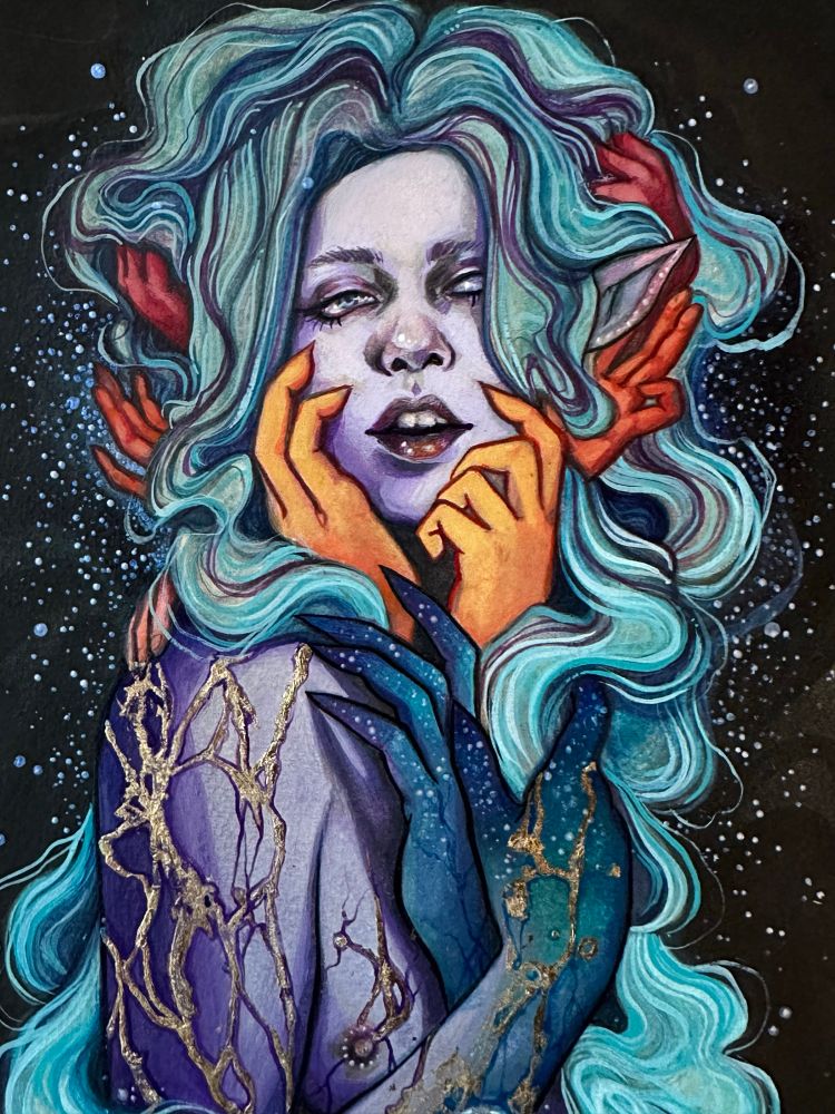 A mixed media illustration of a femme person staring at the viewer with parted lips. Many sets of hands caress the figure, as a long mess of blue hair intertwines through it all 