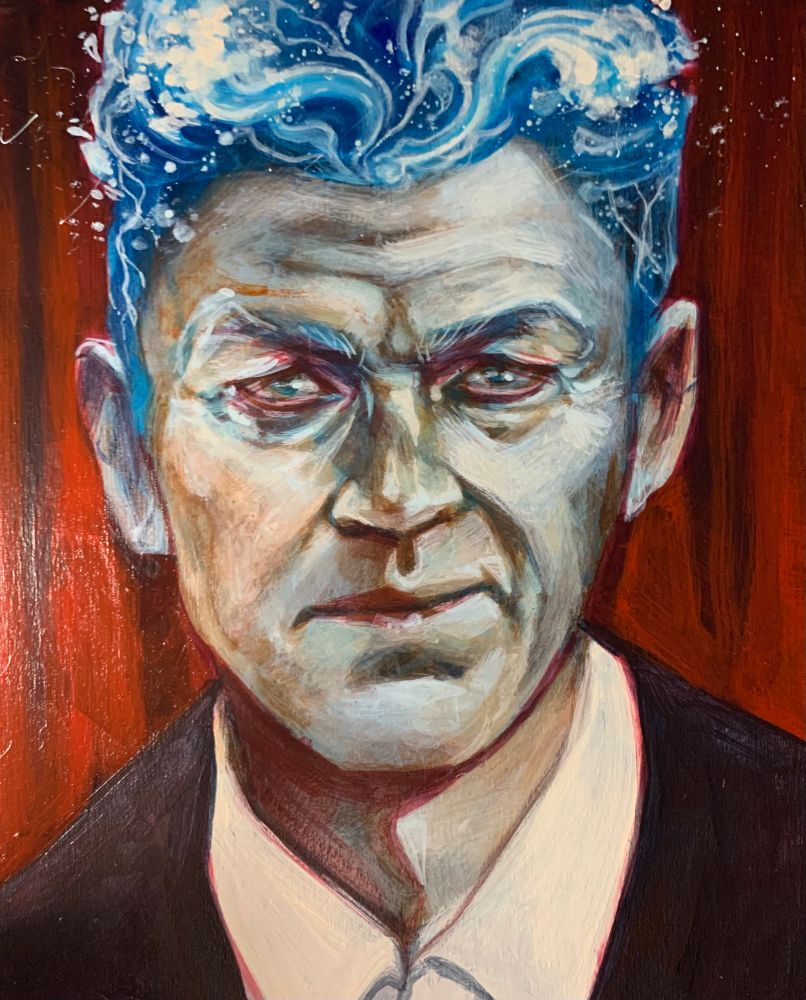 Acrylic painting portrait of David Lynch. His hair is painted to look like waves of water 