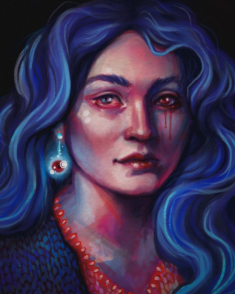 A digital portrait painting of a femme person. Their face looks mildly curious, with one blue and one red eye. An earring in the shape of an eyeball dangles from their exposed ear. 