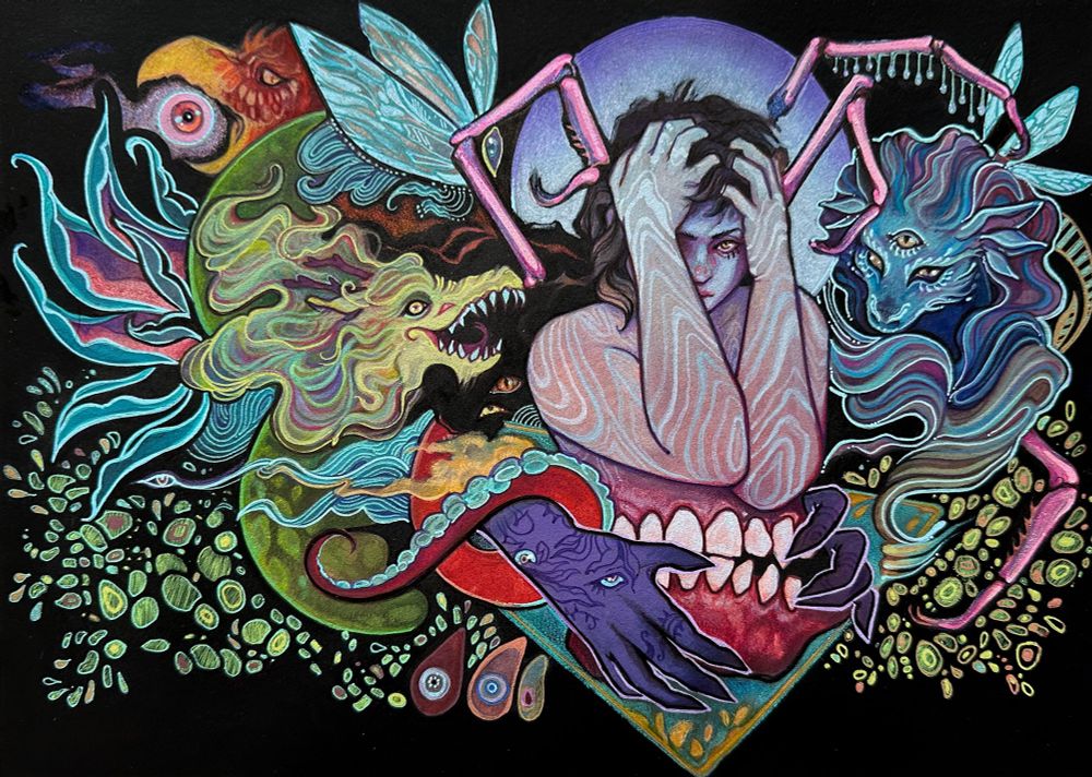 A mixed media illustration depicting a surreal scene. A human holds their head and gazes at the viewer with one eye. Teeth makeup their abdomen, while various monster heads and appendages weave around the subject. 