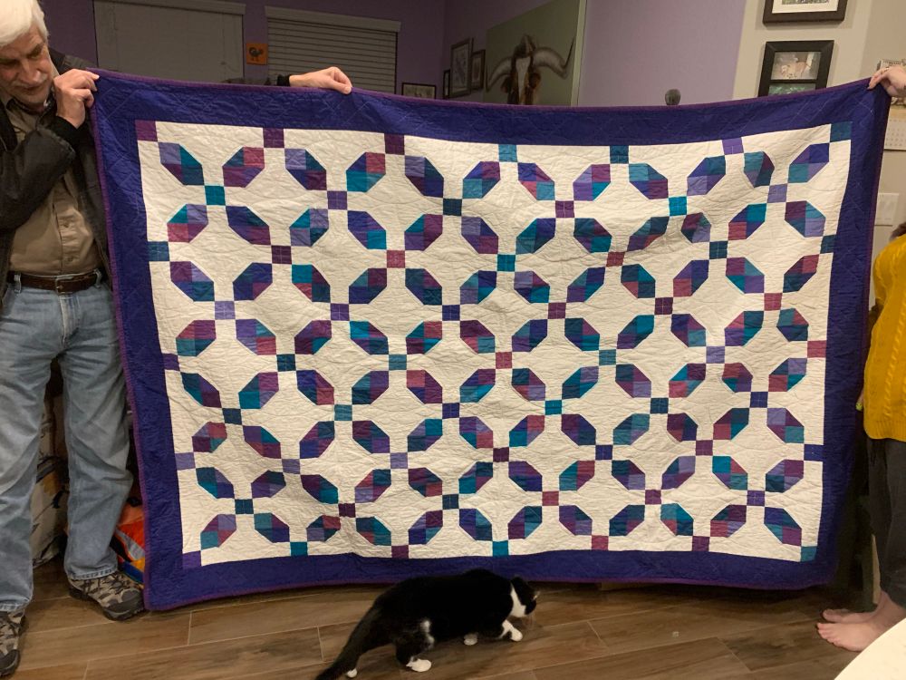 Snowball pattern quilt: nine patch blocks alternate with white blocks with pieced corners. Shades of blue and purple on a white background. Quilt is held by two people, as a cat walks along underneath.
