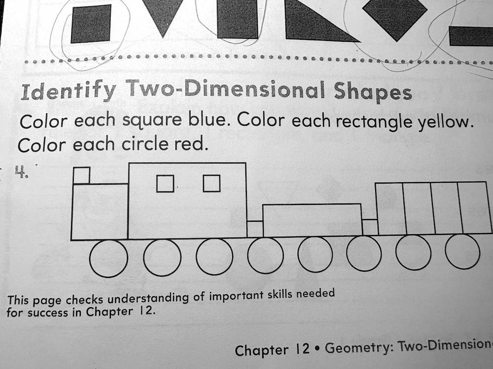 Instructions for assignment: Color each square blue. Color each rectangle yellow. Color each circle red.
